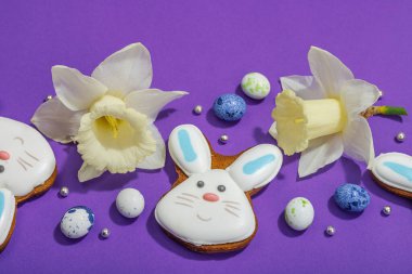 Geleneksel Paskalya kurabiyeleri, yenilebilir şenlik dekorları. Ev yapımı pişirme konsepti, tatlı tatlılar. Tebrik kartı, mor arkaplan, düz yatak, yakın çekim.