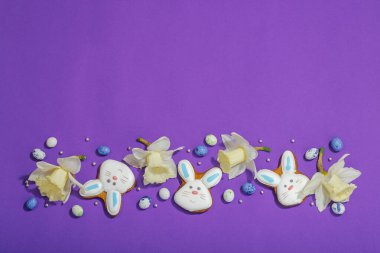 Geleneksel Paskalya kurabiyeleri, yenilebilir şenlik dekorları. Ev yapımı pişirme konsepti, tatlı tatlılar. Tebrik kartı, mor arkaplan, düz yatak, üst görünüm