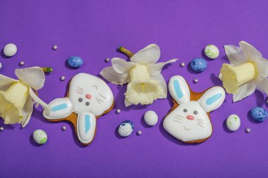 Geleneksel Paskalya kurabiyeleri, yenilebilir şenlik dekorları. Ev yapımı pişirme konsepti, tatlı tatlılar. Tebrik kartı, mor arkaplan, düz yatak, üst görünüm