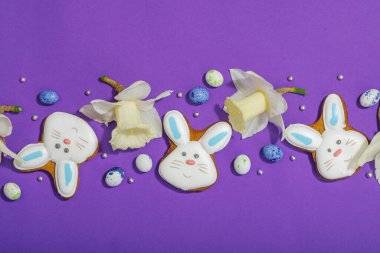 Geleneksel Paskalya kurabiyeleri, yenilebilir şenlik dekorları. Ev yapımı pişirme konsepti, tatlı tatlılar. Tebrik kartı, mor arkaplan, düz yatak, üst görünüm