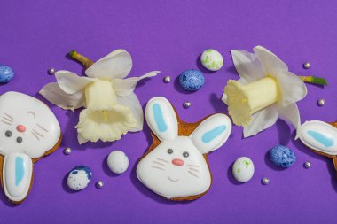 Geleneksel Paskalya kurabiyeleri, yenilebilir şenlik dekorları. Ev yapımı pişirme konsepti, tatlı tatlılar. Tebrik kartı, mor arkaplan, düz yatak, üst görünüm