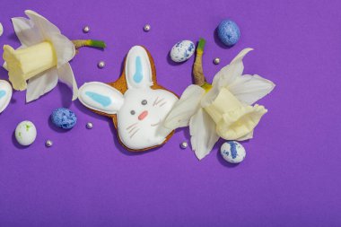 Geleneksel Paskalya kurabiyeleri, yenilebilir şenlik dekorları. Ev yapımı pişirme konsepti, tatlı tatlılar. Tebrik kartı, mor arkaplan, düz yatak, üst görünüm