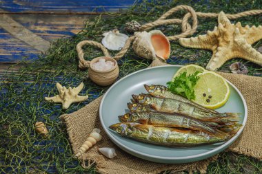 Taze limon ve bitkilerle tütsülenmiş eritilmiş. Deniz dekorlu tuzlu balık. Moda yemeği, deniz ipi. Mavi denizcilik ahşap arkaplan, alanı kopyala