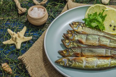 Taze limon ve bitkilerle tütsülenmiş eritilmiş. Deniz dekorlu tuzlu balık. Moda yemeği, deniz ipi. Mavi denizcilik ahşap arkaplan, alanı kopyala
