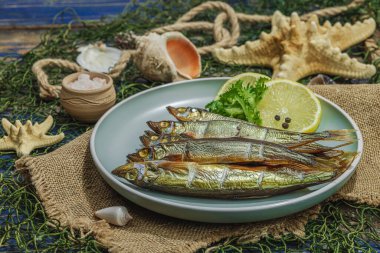 Taze limon ve bitkilerle tütsülenmiş eritilmiş. Deniz dekorlu tuzlu balık. Moda yemeği, deniz ipi. Mavi denizcilik ahşap arkaplan, alanı kopyala