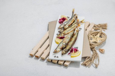 Taze limon ve bitkilerle tütsülenmiş eritilmiş. Deniz dekorlu tuzlu balık. Moda palet, deniz ipi. Sert ışık, karanlık gölge, aydınlık taş zemin, kopyalama alanı