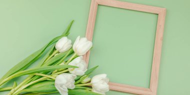 Beyaz laleler ve pastel yeşil arka planda ahşap çerçeve. Çiçek açan, Anneler Günü ya da Sevgililer Günü için neşeli bir konsept. Tebrik kartı, Paskalya düzlüğü, en iyi dilekler, afiş biçimi