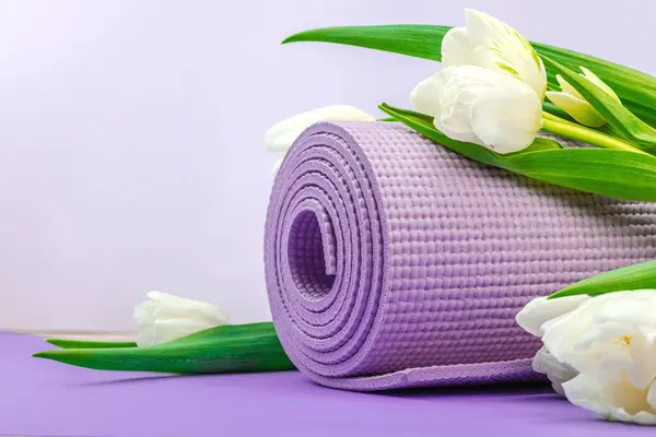 Yoga Zeitkonzept Traditionelle Yogamatte Block Und Aufkleber Gesunder Lebensstil Sport — Stockfoto