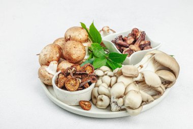 Taze, kuru ve turşulu çeşitli mantarlar. İstiridye mantarı, kremini, porcini ve shiitake. Vejetaryen yemeği pişirmek için sağlıklı malzeme. Seçici odak, aydınlık taş arkaplan, kopyalama alanı