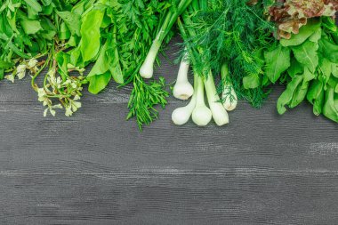 Siyah ahşap arka planda taze yeşillikler ve otlar. Kokulu dereotu, soğan, maydanoz, kuş, marul ve roka. Vejetaryen yemeği, sağlıklı yaşam tarzı, düz yatak, üst manzara.