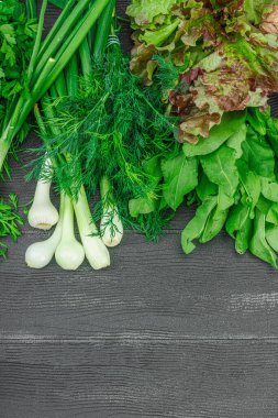 Siyah ahşap arka planda taze yeşillikler ve otlar. Kokulu dereotu, soğan, maydanoz, kuş, marul ve roka. Vejetaryen yemeği, sağlıklı yaşam tarzı, düz yatak, üst manzara.
