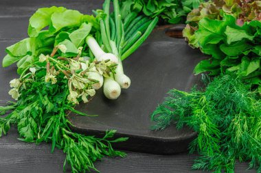 Siyah ahşap arka planda taze yeşillikler ve otlar. Kokulu dereotu, soğan, maydanoz, kuş, marul ve roka. Vejetaryen yemeği, sağlıklı yaşam tarzı, düz yatak, yakın çekim.