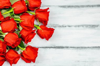 Beyaz arka planda bir buket kırmızı gül. Çiçek açan, Anneler Günü ya da Sevgililer Günü için neşeli bir konsept. Tebrik kartı, Paskalya düzlüğü, en iyi dilekler, en iyi manzara.