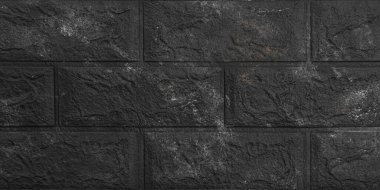 Siyah tuğlalı arka plan. Soyut duvar kağıdı, karanlık iç mekan, kasvetli endüstriyel konsept. Metin, düz konum, sınır, çerçeve, pankart biçimi