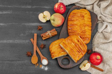 Sonbahar elmalı turtası. Ev yapımı pişirme, tatlı tatlı, olgun meyve ve tarçın. Rahat yiyecek konsepti, siyah ahşap arka plan, düz yatak, üst manzara