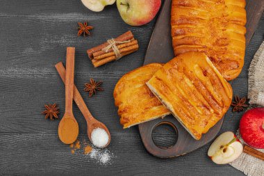 Sonbahar elmalı turtası. Ev yapımı pişirme, tatlı tatlı, olgun meyve ve tarçın. Rahat yiyecek konsepti, siyah ahşap arka plan, düz yatak, üst manzara