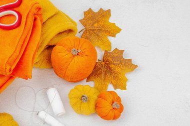 Cadılar Bayramı zanaatı. Yumuşak dikiş balkabakları, yaratıcı süreç, profesyonel aletler ve malzemeler. Işık arkaplan, üst görünüm