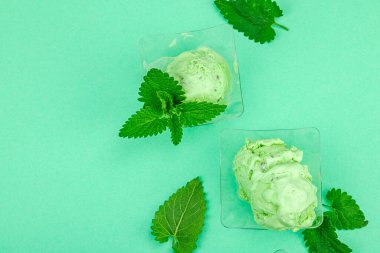 Modaya uygun limonlu dondurma. Çikolata damlaları, taze yapraklar, olgun limonlar. Yaz tatlısı, vejetaryen laktozsuz yemek. Pastel renk arkaplanı, üst görünüm