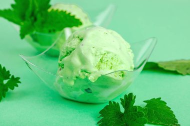 Modaya uygun limonlu dondurma. Çikolata damlaları, taze yapraklar, olgun limonlar. Yaz tatlısı, vejetaryen laktozsuz yemek. Pastel renk arkaplanı, kapat