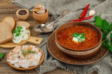 Geleneksel Ukrayna çorbası. Sıcak yemek, ulusal kırmızı çorba, klasik tarzda servis edilir. Sağlıklı yiyecekler, çavdar ekmeği, salo ve soğan yemeye hazır. Tahta kaplama arka plan, kopyalama alanı