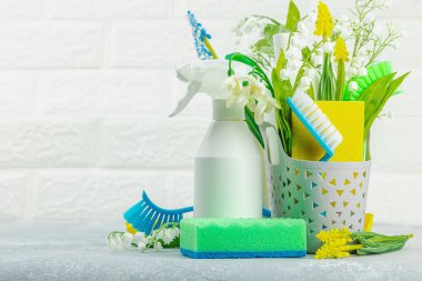 Bahar temizliği konsepti. Temizlik malzemeleri, şişeler, aletler ve aletler. Geleneksel bahar çiçekleri, ışık arkaplanı, kopyalama alanı