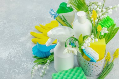 Bahar temizliği konsepti. Temizlik malzemeleri, şişeler, aletler ve aletler. Geleneksel bahar çiçekleri, ışık arkaplanı, kopyalama alanı