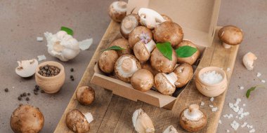 Baharatlı ve otlu taze taze taze kremini mantarlar. Vejetaryen yemeği pişirmek için sağlıklı malzeme. Çiftlikten masaya konsept, düz konum, sıcak kahverengi arkaplan, afiş biçimi