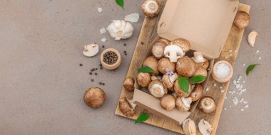 Baharatlı ve otlu taze taze taze kremini mantarlar. Vejetaryen yemeği pişirmek için sağlıklı malzeme. Çiftlikten masaya konsept, düz konum, sıcak kahverengi arkaplan, afiş biçimi