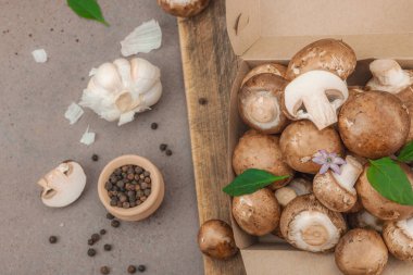 Baharatlı ve otlu taze taze taze kremini mantarlar. Vejetaryen yemeği pişirmek için sağlıklı malzeme. Çiftlikten masaya konsept, düz yatak, sıcak kahverengi arka plan, üst görünüm