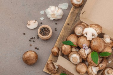 Baharatlı ve otlu taze taze taze kremini mantarlar. Vejetaryen yemeği pişirmek için sağlıklı malzeme. Çiftlikten masaya konsept, düz yatak, sıcak kahverengi arka plan, üst görünüm