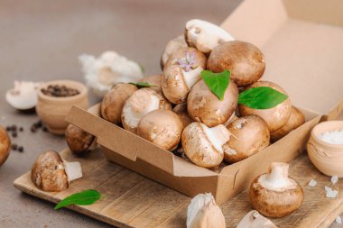 Baharatlı ve otlu taze taze taze kremini mantarlar. Vejetaryen yemeği pişirmek için sağlıklı malzeme. Çiftlikten masaya konsept, düz yatak, sıcak kahverengi arka plan, yakın çekim