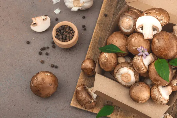 Baharatlı ve otlu taze taze taze kremini mantarlar. Vejetaryen yemeği pişirmek için sağlıklı malzeme. Çiftlikten masaya konsept, düz yatak, sıcak kahverengi arka plan, üst görünüm