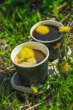 Ekolojik kağıt bardaklarda moda hindiba kahvesi, çiçek açan çayır arka planda. Sağlıklı yaşam tarzına, sürdürülebilir alışkanlıklara ve natürmort yaşam konseptine odaklanın.