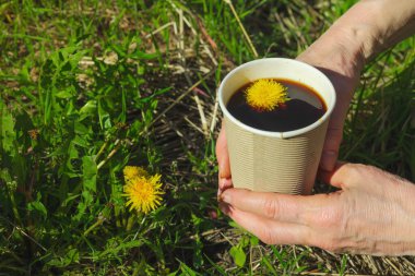 Yeşil çimlerin üzerinde el ele tutulan kağıt bir bardakta modaya uygun bitkisel karahindiba kahvesi. Sağlıklı yaşam tarzı, doğa, sürdürülebilir yaşam