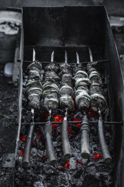 Alacakaranlıkta kömür ızgarası ve şiş et. Açık hava yemekleri, arka bahçe piknik atmosferi ve sokak yemekleri kültürü.
