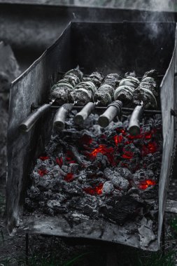 Alacakaranlıkta kömür ızgarası ve şiş et. Açık hava yemekleri, arka bahçe piknik atmosferi ve sokak yemekleri kültürü.