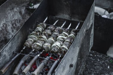Alacakaranlıkta kömür ızgarası ve şiş et. Açık hava yemekleri, arka bahçe piknik atmosferi ve sokak yemekleri kültürü.