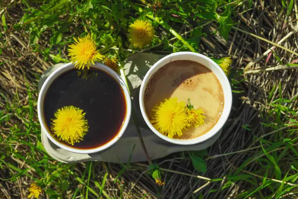 Ekolojik kağıt bardaklarda moda hindiba kahvesi, çiçek açan çayır arka planda. Sağlıklı yaşam tarzına, sürdürülebilir alışkanlıklara ve natürmort yaşam konseptine odaklanın.