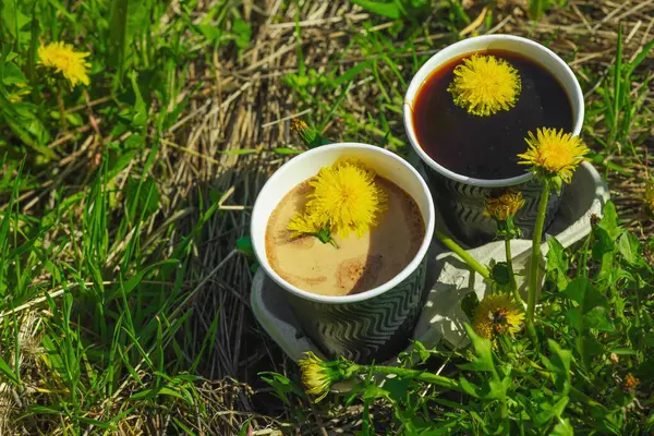 Ekolojik kağıt bardaklarda moda hindiba kahvesi, çiçek açan çayır arka planda. Sağlıklı yaşam tarzına, sürdürülebilir alışkanlıklara ve natürmort yaşam konseptine odaklanın.