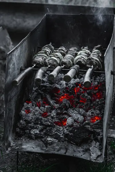 Alacakaranlıkta kömür ızgarası ve şiş et. Açık hava yemekleri, arka bahçe piknik atmosferi ve sokak yemekleri kültürü.