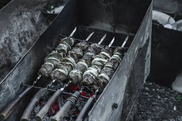 Alacakaranlıkta kömür ızgarası ve şiş et. Açık hava yemekleri, arka bahçe piknik atmosferi ve sokak yemekleri kültürü.