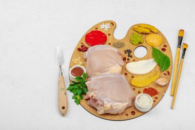 Çiğ tavuk butları, renkli baharatlar ve ahşap bir palette sos ile yaratıcı mutfak konsepti. Aşçıyı gurme mutfağında temsil eden yemek sanatı fikri.