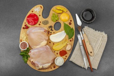 Çiğ tavuk butları, renkli baharatlar ve ahşap bir palette sos ile yaratıcı mutfak konsepti. Aşçıyı gurme mutfağında temsil eden yemek sanatı fikri.