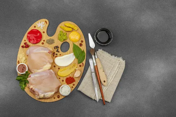 Çiğ tavuk butları, renkli baharatlar ve ahşap bir palette sos ile yaratıcı mutfak konsepti. Aşçıyı gurme mutfağında temsil eden yemek sanatı fikri.