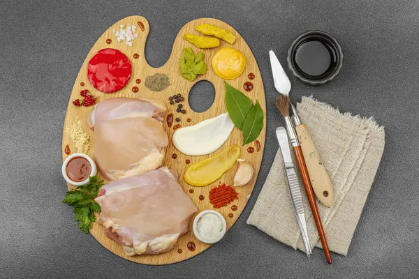 Çiğ tavuk butları, renkli baharatlar ve ahşap bir palette sos ile yaratıcı mutfak konsepti. Aşçıyı gurme mutfağında temsil eden yemek sanatı fikri.