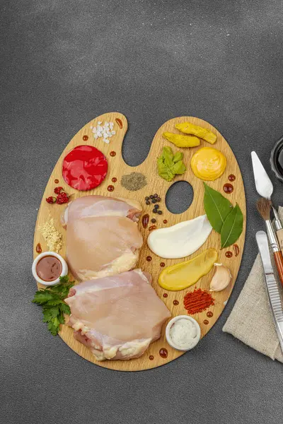 Çiğ tavuk butları, renkli baharatlar ve ahşap bir palette sos ile yaratıcı mutfak konsepti. Aşçıyı gurme mutfağında temsil eden yemek sanatı fikri.