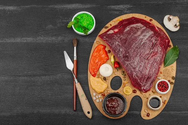 Çiğ biftek, çeşitli baharatlar, soslar ve ahşap ressamın paletinde yaratıcılıkla sıralanmış otlar içeren gurme yemek konsepti. Aşçılık ve aşçılık yaratıcılığı, siyah ahşap arka plan, üst görünüm