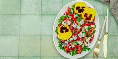 Domatesli taze vegan salatası, roka, keçi peyniri, zeytin ve beyaz tabakta yenilebilir çiçekler. Çevre dostu ve estetik titreşimli sağlıklı yemek konsepti. Moda kiremitleri arkaplan, pankart biçimi