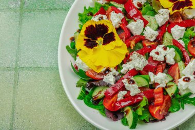 Domatesli taze vegan salatası, roka, keçi peyniri, zeytin ve beyaz tabakta yenilebilir çiçekler. Çevre dostu ve estetik titreşimli sağlıklı yemek konsepti. Moda kiremitleri arka planı, kapatın