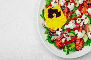 Domatesli taze vegan salatası, roka, keçi peyniri, zeytin ve beyaz tabakta yenilebilir çiçekler. Çevre dostu ve estetik titreşimli sağlıklı yemek konsepti. Beyaz arkaplan, üst görünüm